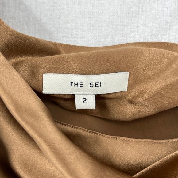 THE SEI Off The Shoulder Silk Maxi Dress Women 2 Brown Satin Cowl Neck Side Slit - Picture 11 of 16